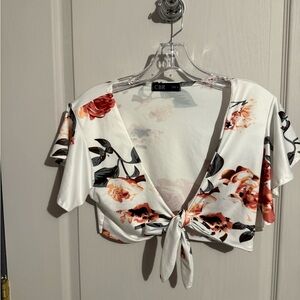 CBR White and Red Floral Tie-Front Crop Top